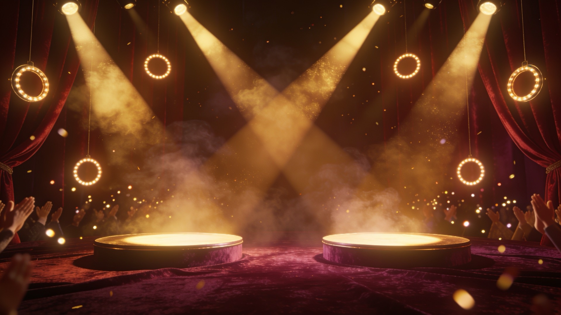 A glamorous live show stage with two spotlit podiums, golden beams crossing in the haze